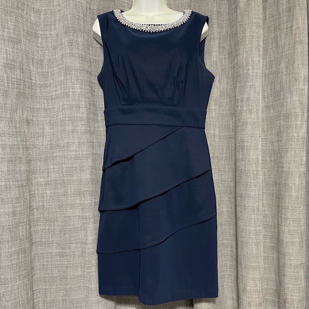 🟣🟣Connected Apparel Woman’s Blue Midi Beaded Round Neck Sleeveless Dress